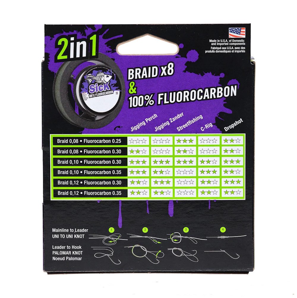 Berkley Sick Braid x8 150m & 100% Fluorocarbon Low Vis Green 2 in 1 detail 3