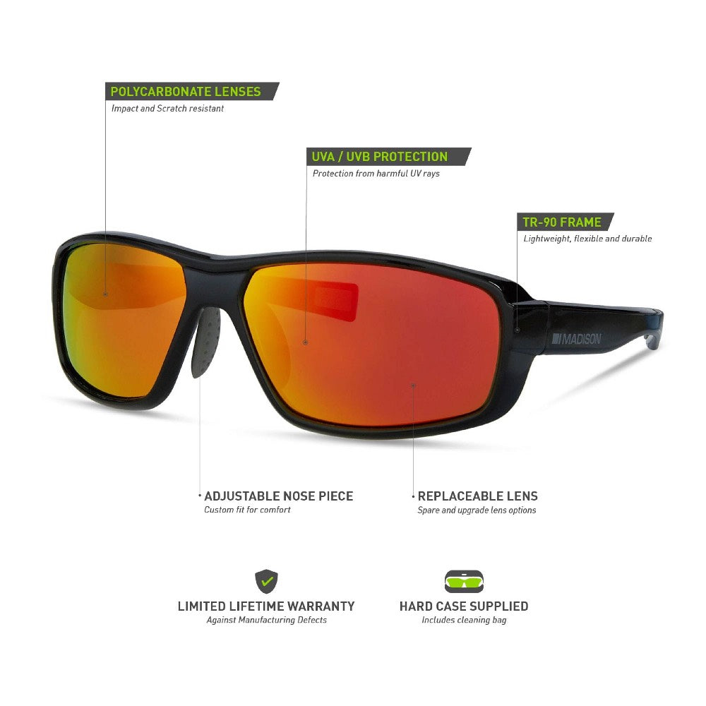 Madison Target Gloss Black Sunglasses Fire Mirror Lens