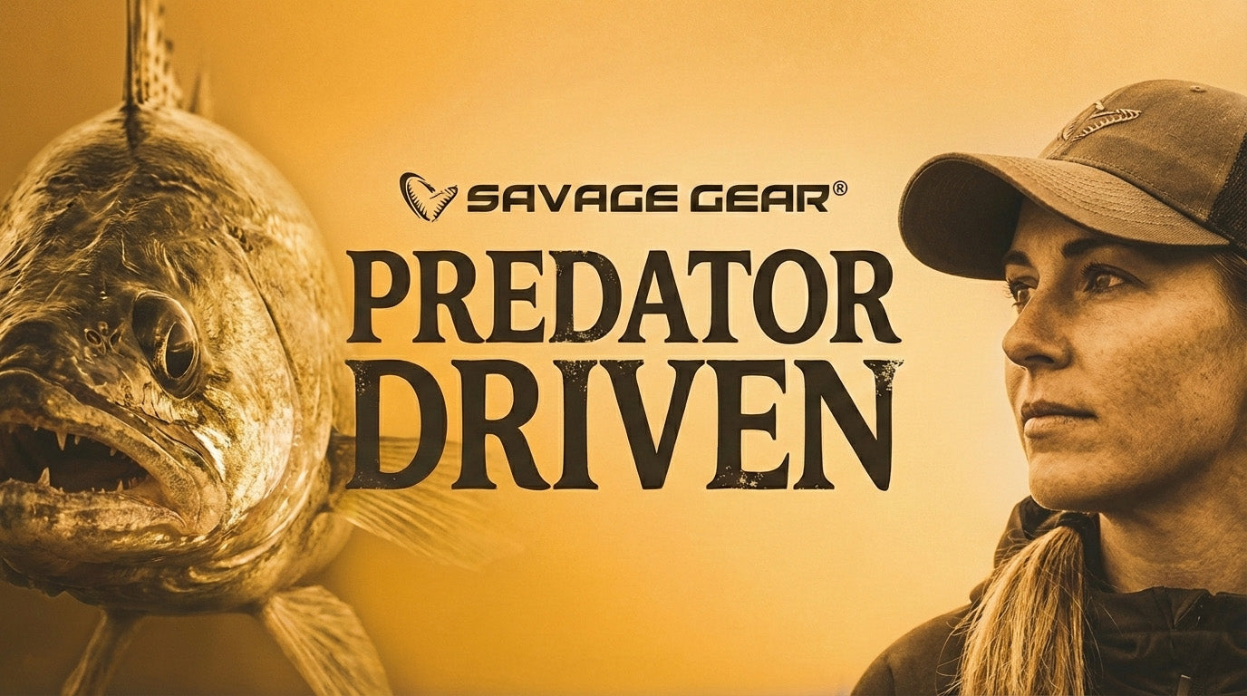 Illustrated predator fish graphic promoting Savage Gear fishing tackle